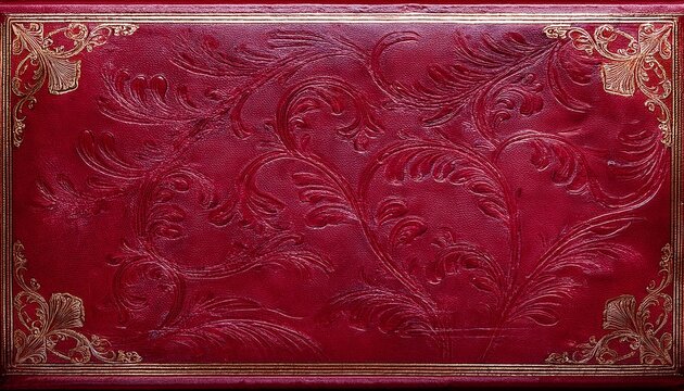 vintage crimson leather book cover featuring aged texture with marks and scratches adorned with a gilded embossed frame and floral corner designs suitable as a background