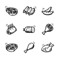 Meat Collection. Chicken, Beef, Lamb, Sausage. Handdrawn Logo Sketch Brush Stroke Vector Illustration © Rizkreativ