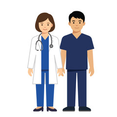 Fototapeta premium female doctor and male nurse standing together wearing medical coat scrubs vector illustration for healthcare team concept design