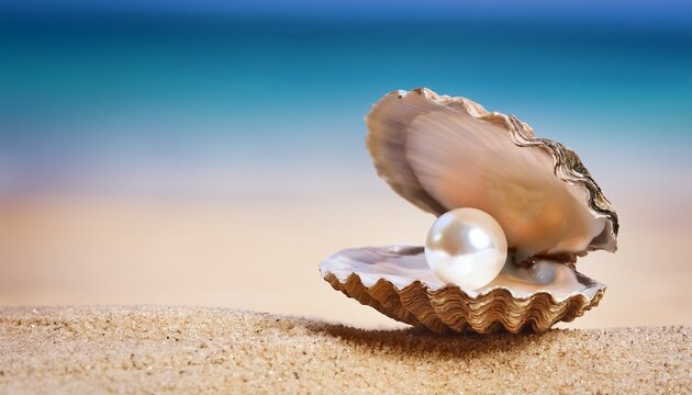 luminous pearl in oyster shell on sandy beach