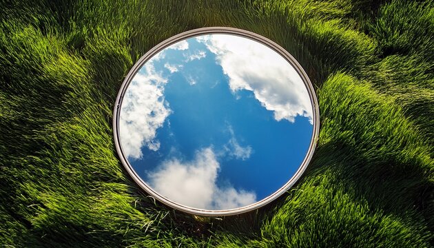 round mirror placed on green grass reflecting blue sky and clouds