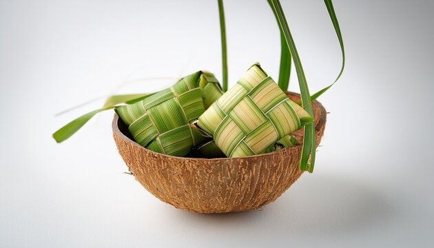 traditional rice ketupat inside coconut shell bowl white background