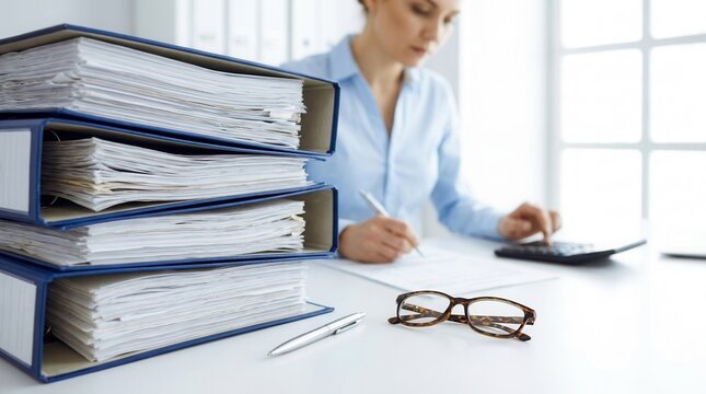 A business woman or bookkeeper working in the background with binders and papers waiting to be processed for internal audit and tax.
