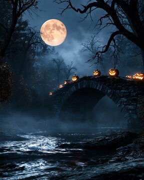Spooky Halloween Bridge with Full Moon and Jack o Lanterns at Night