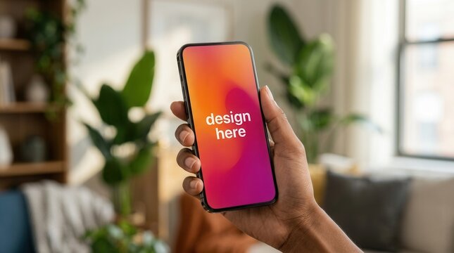 Blank screen mockup for design preview on an iPhone held by a hand in a modern home interior
