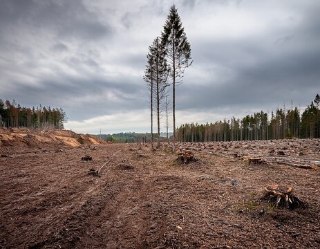 deforested forest landscape after clearcut with bare earth lone trees and overcast sky