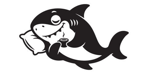Fototapeta premium Cute cartoon killer whale character sleeping with a soft pillow and drinking coffee Vector