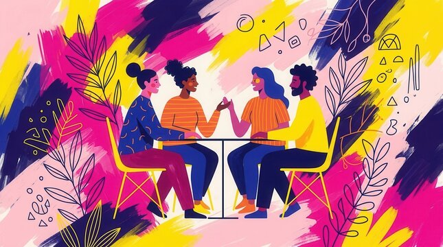 Symbolizing corporate inclusion, multicultural teamwork, and shared ideas with four diverse individuals sitting around a small table in an abstract scene.