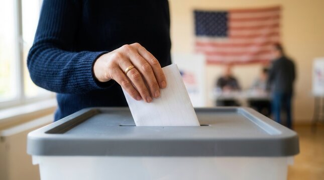 Concept of political participation and democracy in United States of America with woman casting ballot in election box.