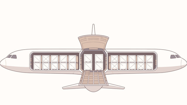 Cartoon illustration of a cargo airplane fuselage with open rear doors, revealing neatly stacked wooden