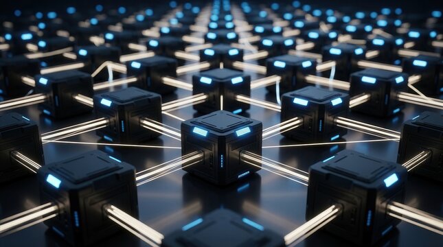 A networked node grid featuring illuminated connectors to symbolize an autonomous decision-making system and distributed AI coordination.