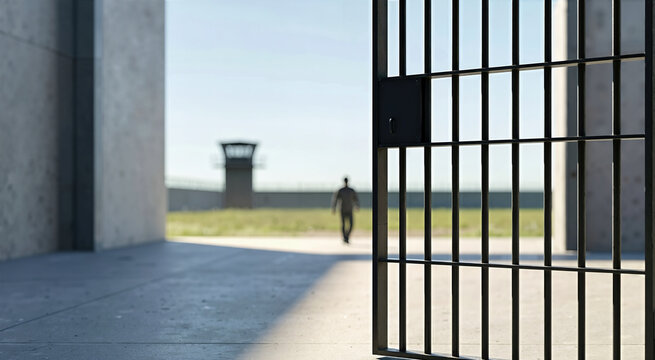 Open black steel gate looking out to a sunlit prison yard. Blurred figure walking toward a watchtower under a blue sky. Release and freedom concept