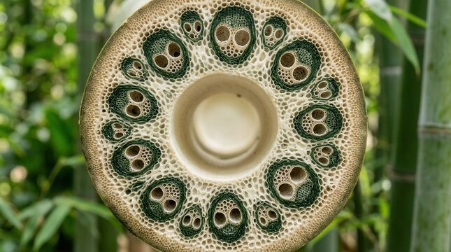 Vascular bundles distributed through parenchyma tissue in a bamboo culm interior cross-section with xylem vessels, phloem sieve tubes, and sclerenchyma fiber sheaths