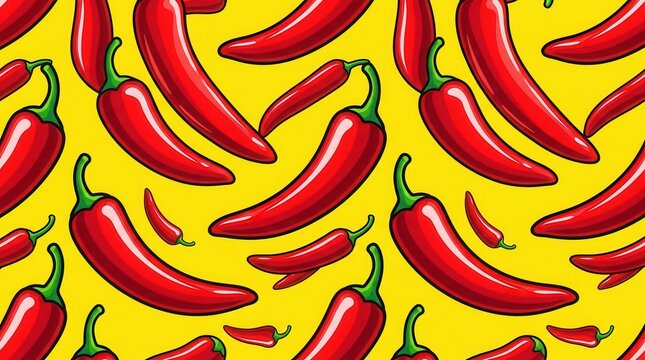 Yellow background with a vibrant pop art illustration of red chili peppers in a repeating pattern