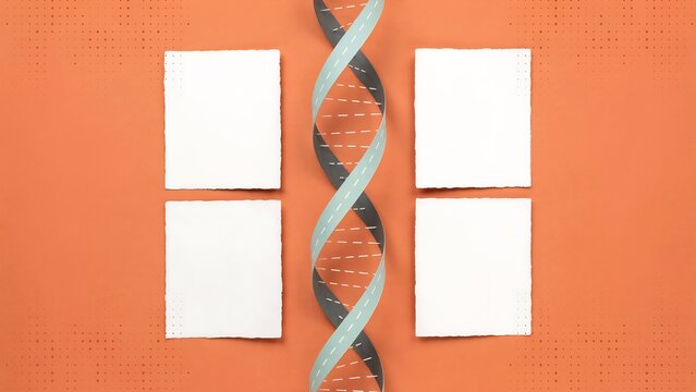 Minimalist DNA helix model with blank paper notes, scientific research concept on orange background, genetic data mockup