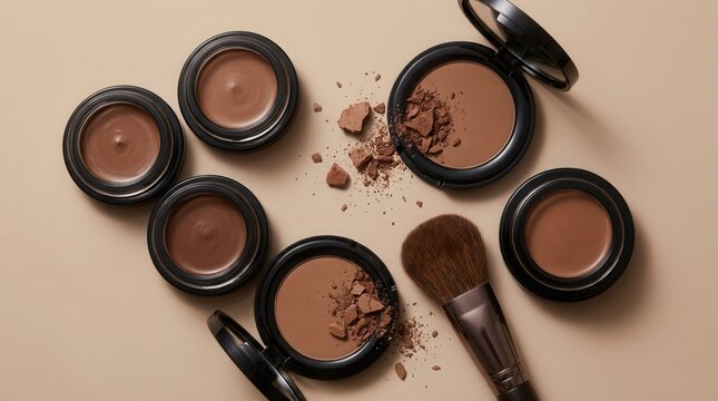 A brush and mocha brown makeup tools with powder compacts on a beige background, reflecting warm neutral beauty and polished glam.