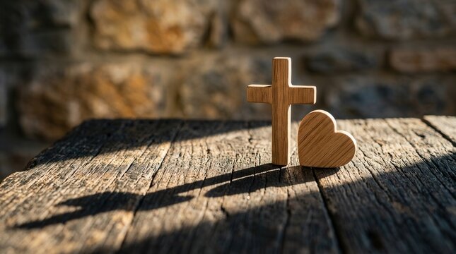 Wooden cross and heart on a textured wooden surface with a long shadow, representing a spiritual concept.