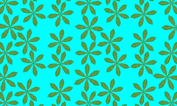 Seamless tropical leaf pattern featuring green palmately compound leaves on a vibrant cyan blue background for summer fabric and wallpaper
