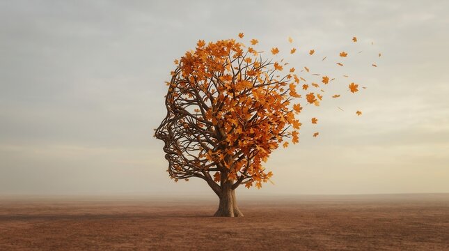 A human head shaped symbolic tree with dispersing autumn leaves