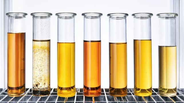 Clear glass vials with yellow and orange biodiesel blends in laboratory