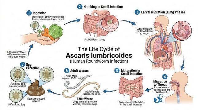 Infographic showing the life cycle of Ascaris lumbricoides human roundworm with larval migration and key points