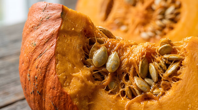 Fresh raw pumpkin slice with seeds, organic orange squash vegetable for autumn cooking