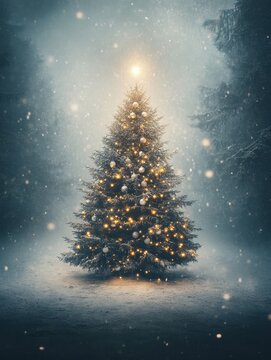 Magical Christmas Tree with Glowing Lights in Winter Snow