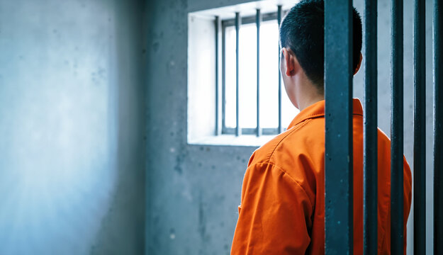 Anonymous prisoner in an orange uniform looking out of a barred window. Inmate in a concrete cell behind metal bars