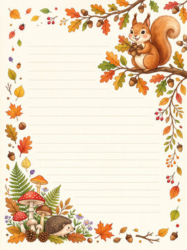 Cute squirrel on branch with autumn leaves mushrooms and hedgehog on lined page design
