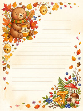 Cute bear with honey pot and autumn leaves on lined page design