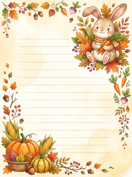 Cute rabbit with carrots pumpkins and autumn harvest on lined page design