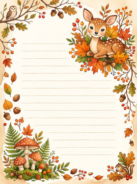 Cute fawn with autumn leaves owl and mushrooms on lined page design