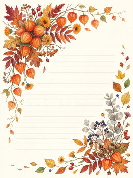 Physalis with autumn leaves flowers and berries on elegant lined page design
