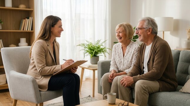 A friendly female social worker in conversation with a happy elderly couple at home