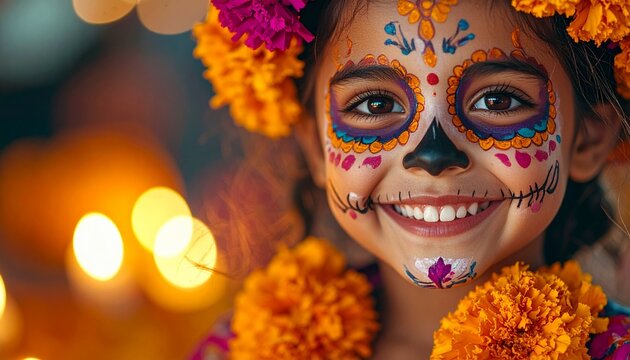 Portrait of young girl in sugar skull face paint and marigold crown outside.