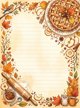 Apple pie with rolling pin owl and autumn leaves on cozy baking themed lined page design