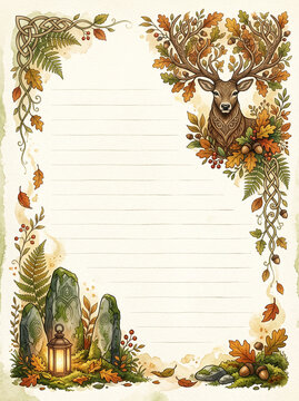 Celtic stag with autumn antlers standing stones and lantern on lined page design