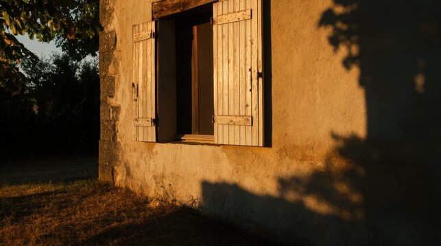 Old Stone Facade with Wooden Window Shutters and Tree Shadows