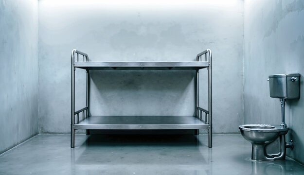 Empty prison cell with brushed steel bunk bed and toilet. Stark interior with cool concrete walls and floor