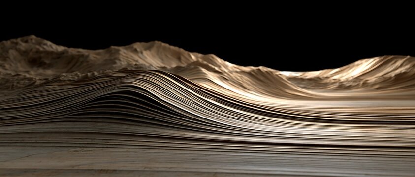 Abstract wooden landscape with layered topography and wave patterns