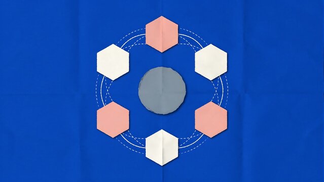 Minimalist geometric infographic with hexagons on blue background. Abstract business diagram with six paper shapes. Modern data visualization layout.