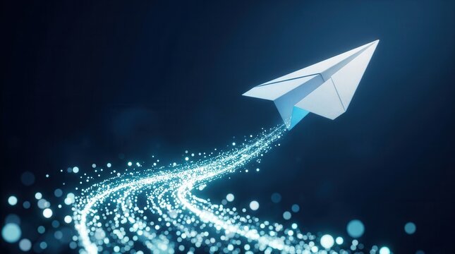 Technology onboarding and change management transition and adoption illustrated by a paper airplane over a luminous digital path.