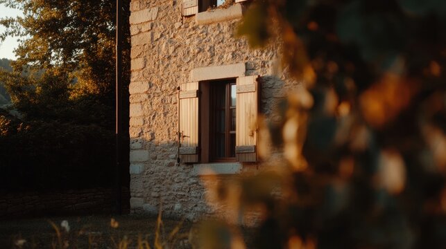 Traditional Stone Cottage Facade in Warm Golden Hour Sunlight