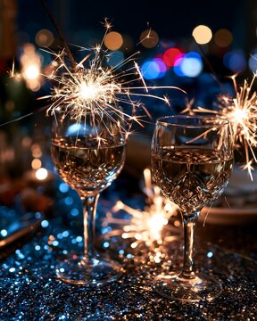 Sparkler celebration with two wine glasses filled for a special event