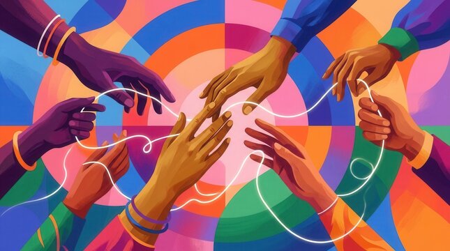 Collaboration, diversity and community illustrated through colorful hands connecting with threads