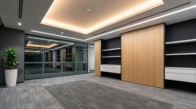 Glass walls, wooden panels, and carpet flooring in a modern empty office interior space.