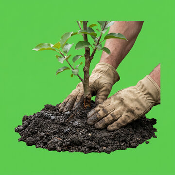 Gloved hands planting a young sapling tree in dark soil