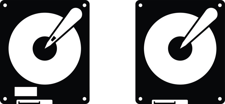 Two black hard disk drive icons showing internal platters and read write heads with hardware computer technology isolated internal component