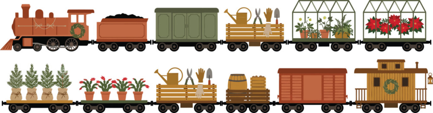 A vintage steam locomotive train pulling various freight cars loaded with fresh farm produce and vegetables on white background