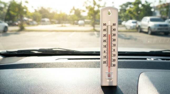 Danger of heatstroke in vehicle depicted by a thermometer inside a car showing high temperature during a summer heatwave.